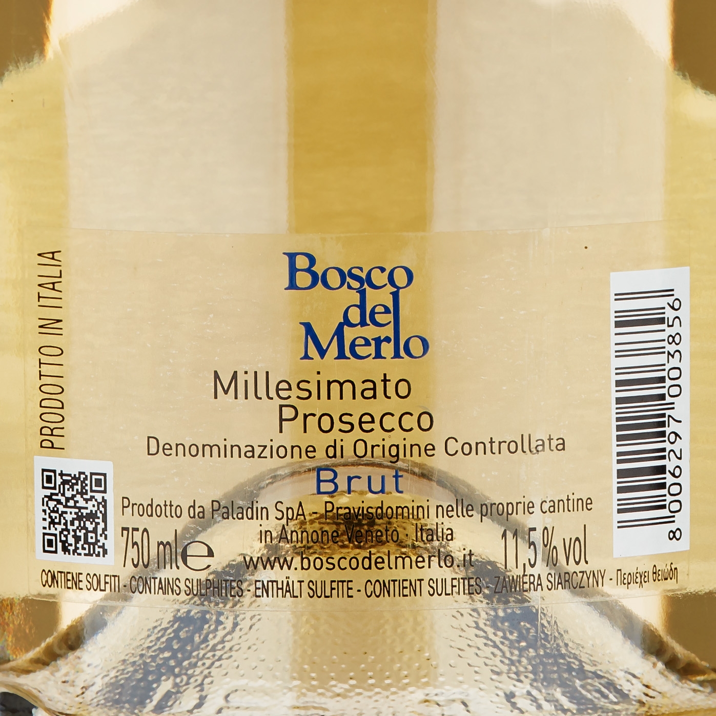Vin pétillant italien vegan - DOC Prosecco - Bosco del Merlo - Prosecco  Brut Millesimato